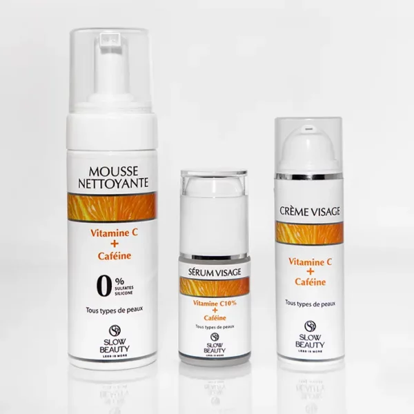 Pack Vitamine C et caféine Slow Beauty avec mousse nettoyante, sérum visage et crème hydratante