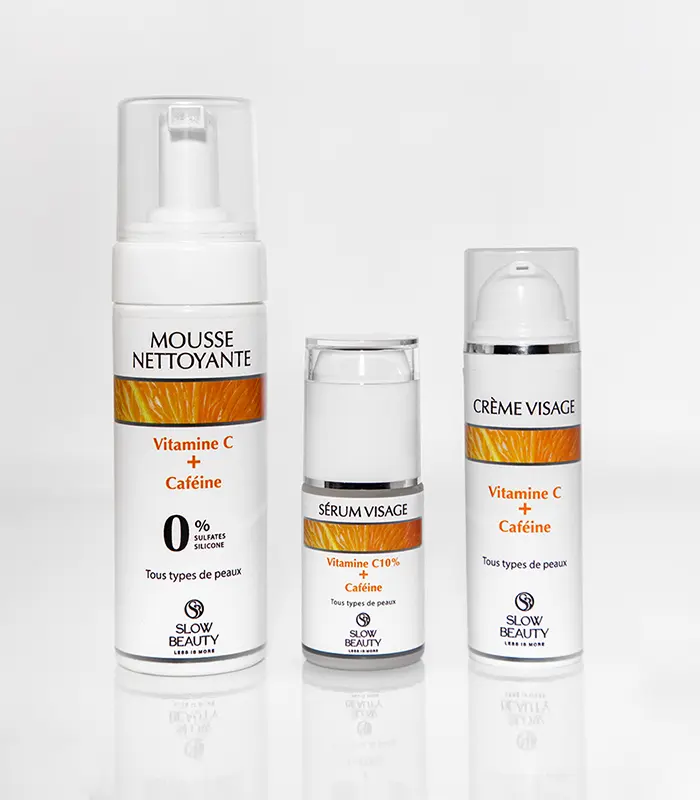 Pack Vitamine C et caféine Slow Beauty avec mousse nettoyante, sérum visage et crème hydratante