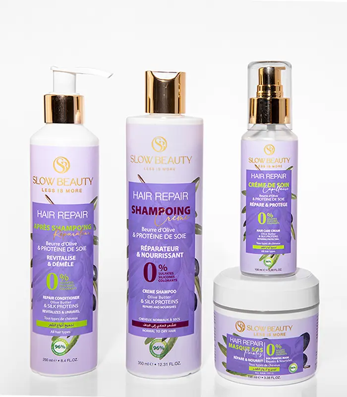 soin cheveux-naturel-reparateur-Hair repair-tunisie Pack Hair Repair Slow Beauty avec shampoing, après-shampoing, crème de soin et masque réparateur